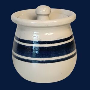 VTG  Casey Pottery Marshall TX Cream With Blue Stripe Crock Sugar Bowl W/ Lid 4”